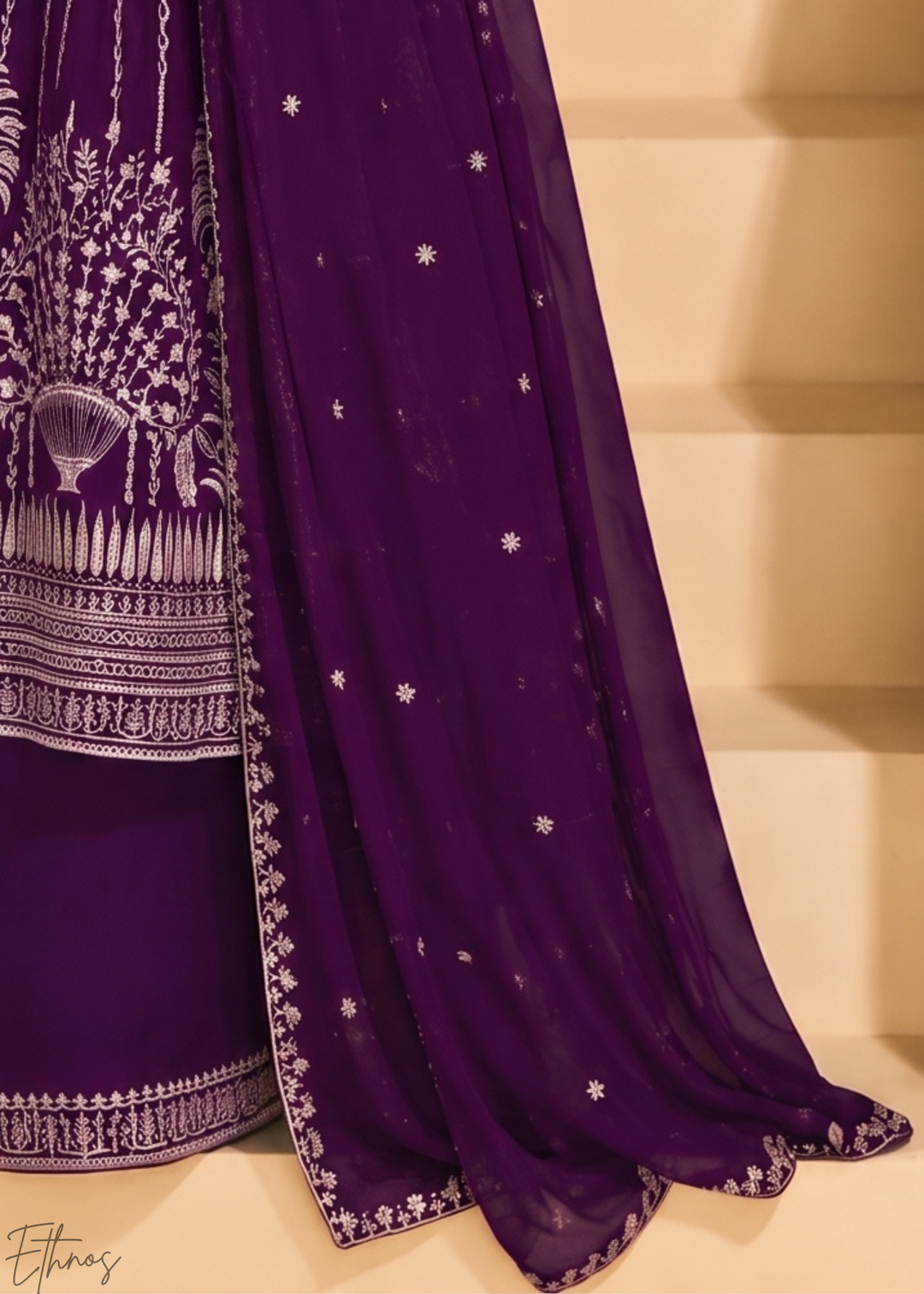 Royal Purple Linear-Embroidered Georgette Palazzo Suit
