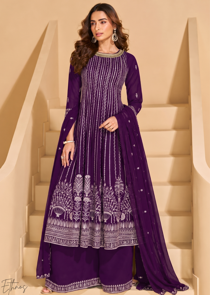 Royal Purple Linear-Embroidered Georgette Palazzo Suit