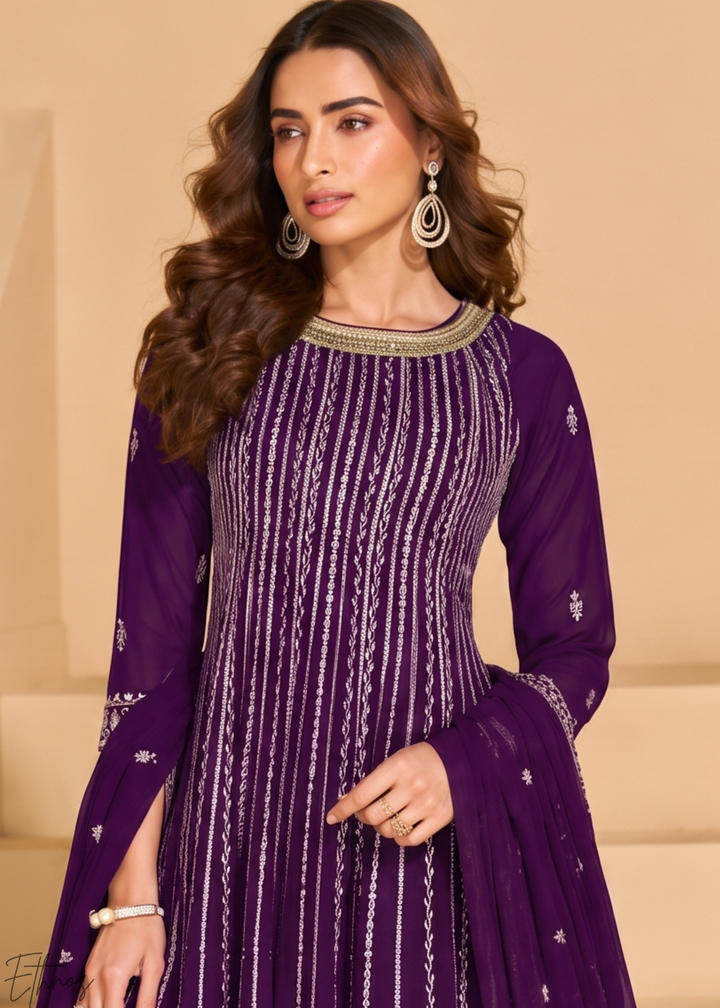 Royal Purple Linear-Embroidered Georgette Palazzo Suit