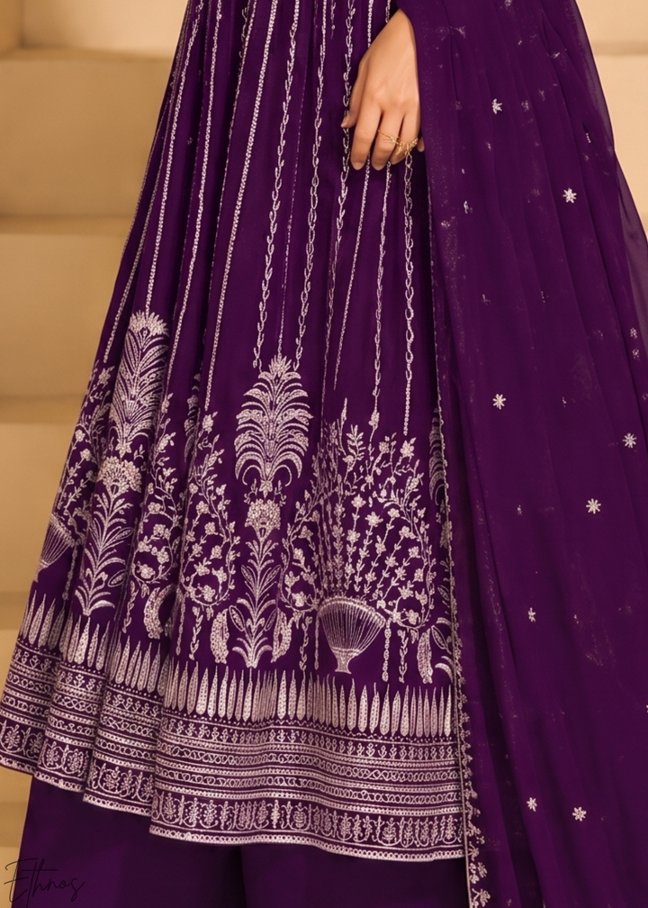 Royal Purple Linear-Embroidered Georgette Palazzo Suit