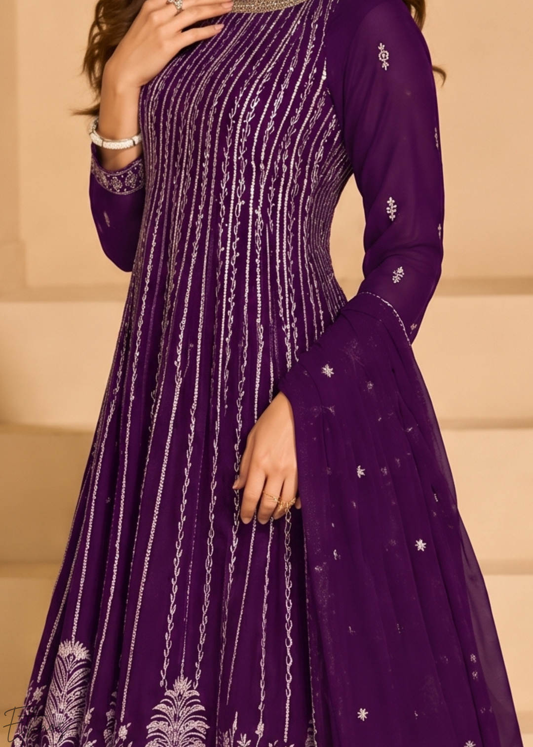 Royal Purple Linear-Embroidered Georgette Palazzo Suit