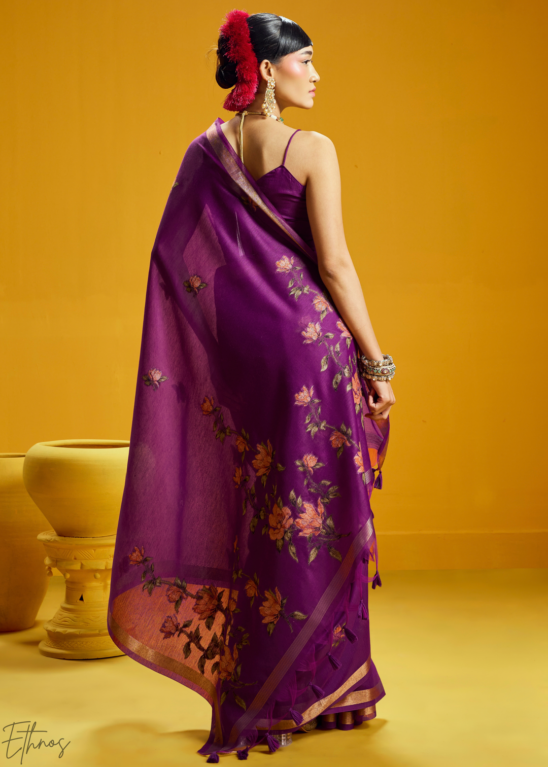Amethyst Lotus Jamdani Pallu Munga Cotton Saree