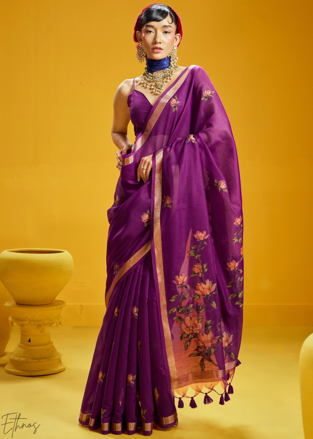 Amethyst Lotus Jamdani Pallu Munga Cotton Saree