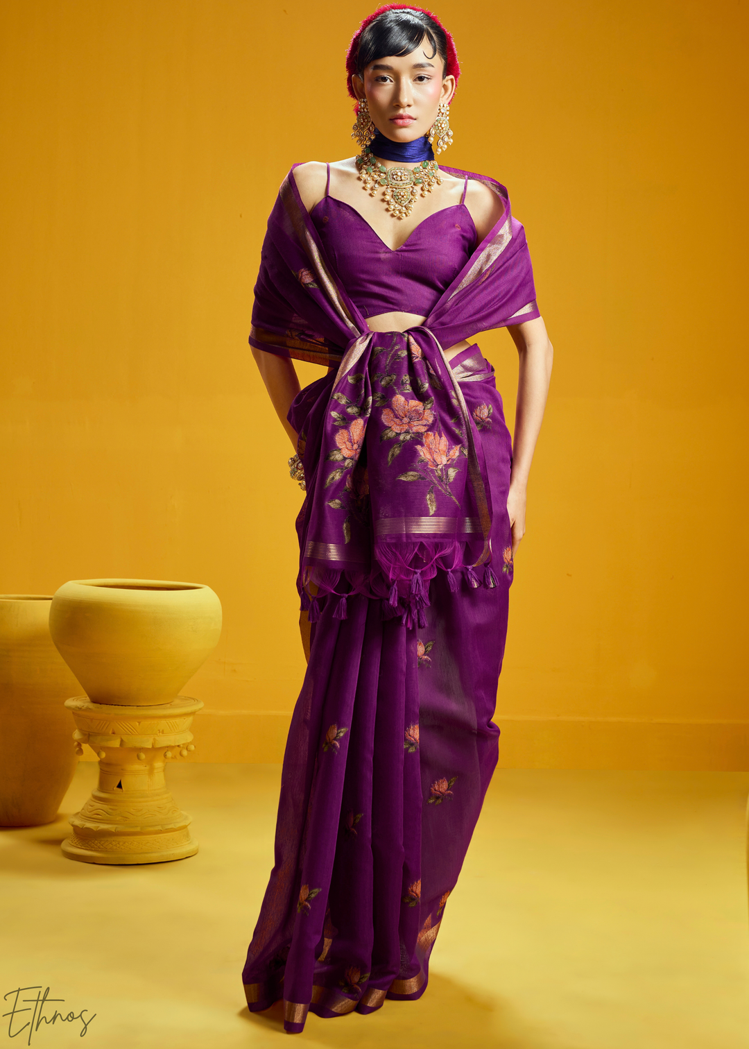 Amethyst Lotus Jamdani Pallu Munga Cotton Saree