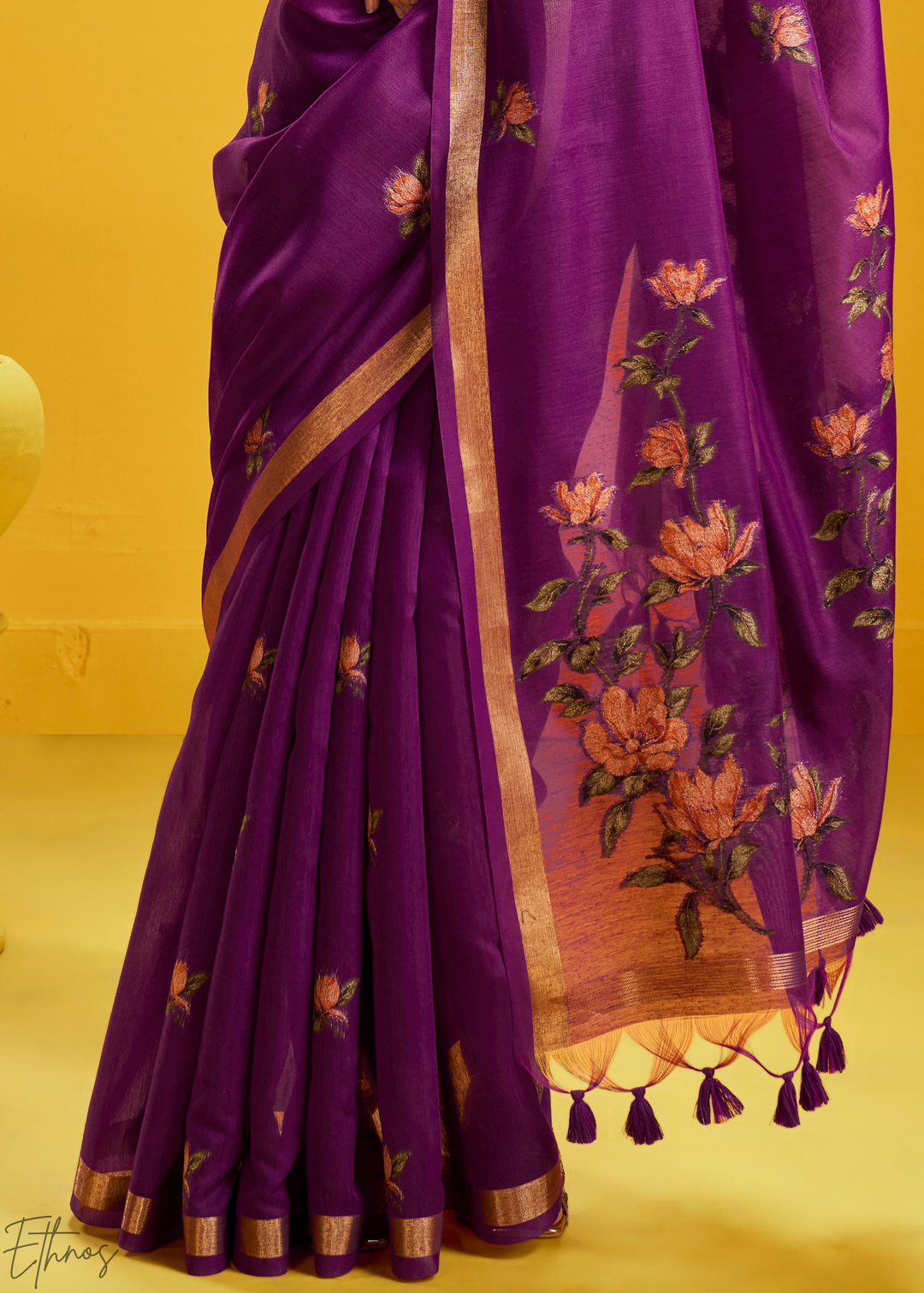 Amethyst Lotus Jamdani Pallu Munga Cotton Saree