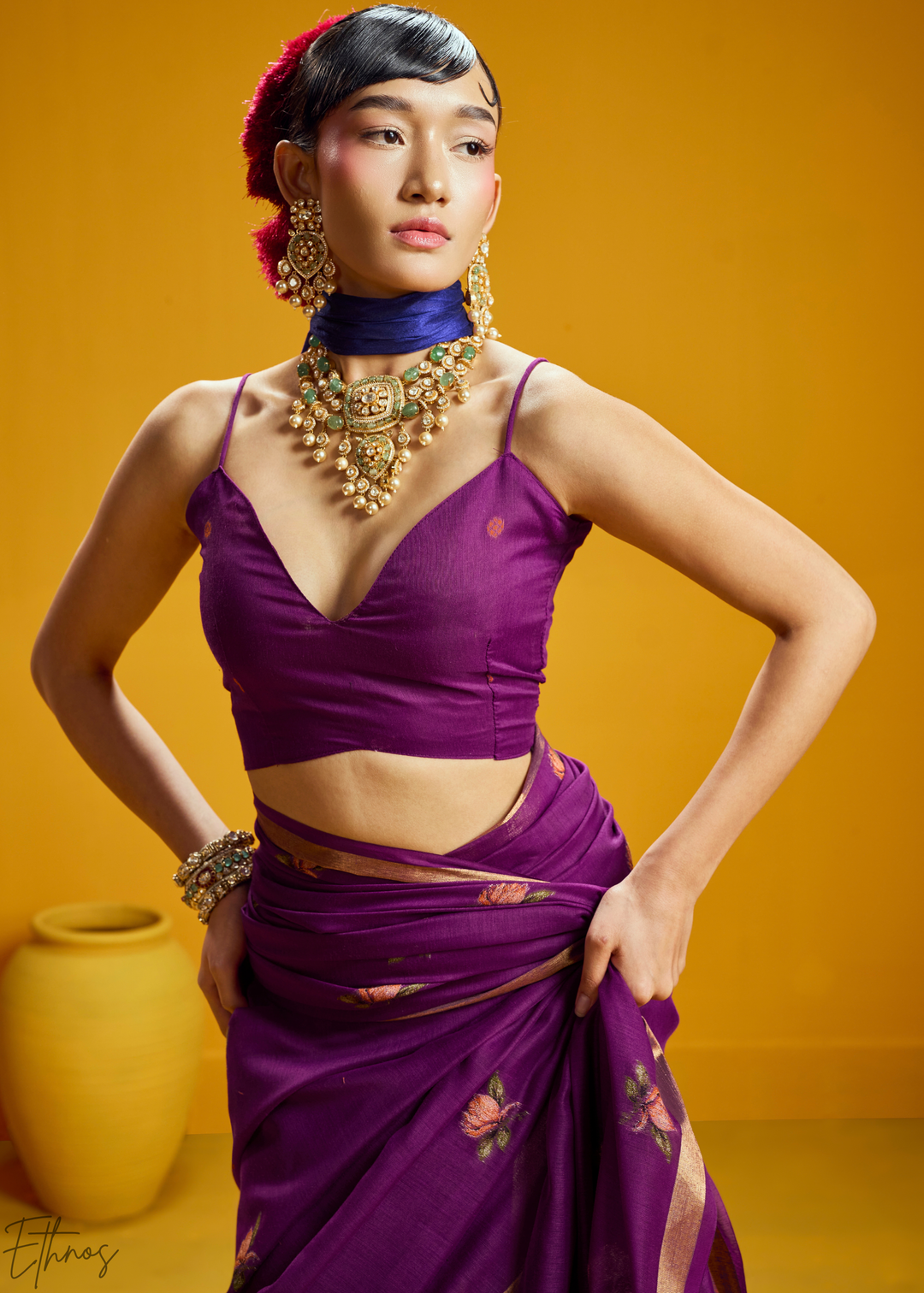 Amethyst Lotus Jamdani Pallu Munga Cotton Saree
