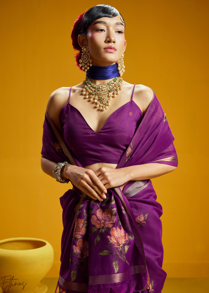 Amethyst Lotus Jamdani Pallu Munga Cotton Saree