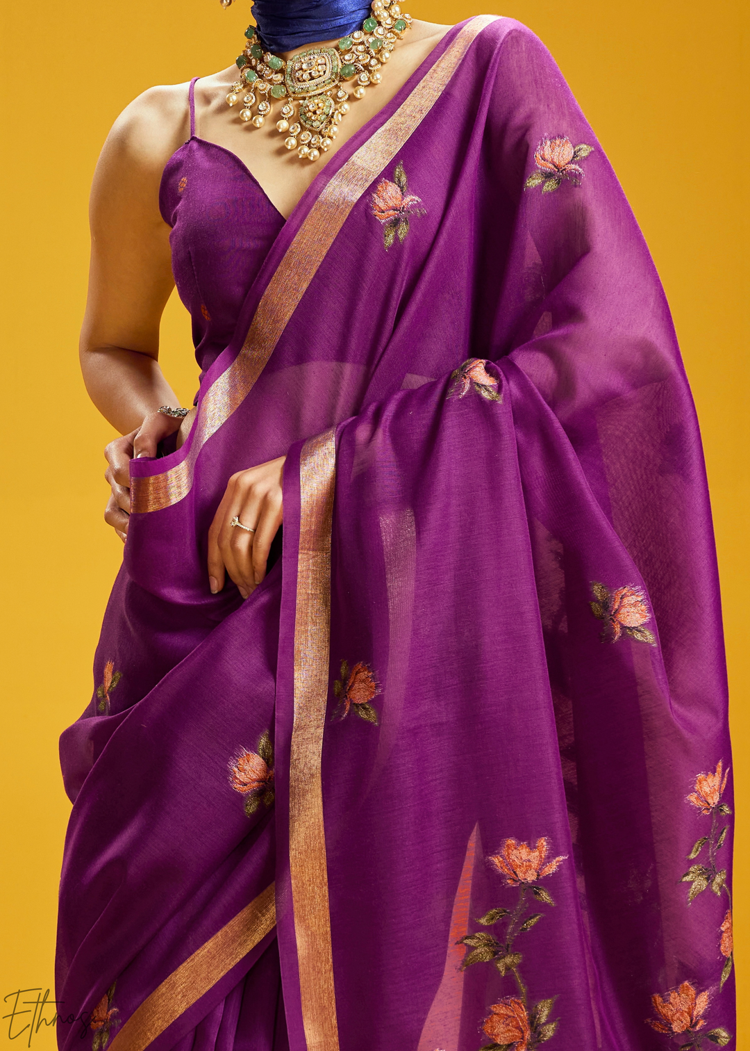 Amethyst Lotus Jamdani Pallu Munga Cotton Saree