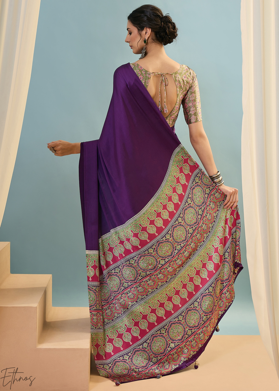 Amethyst Modal Silk Ajrakh Border Saree