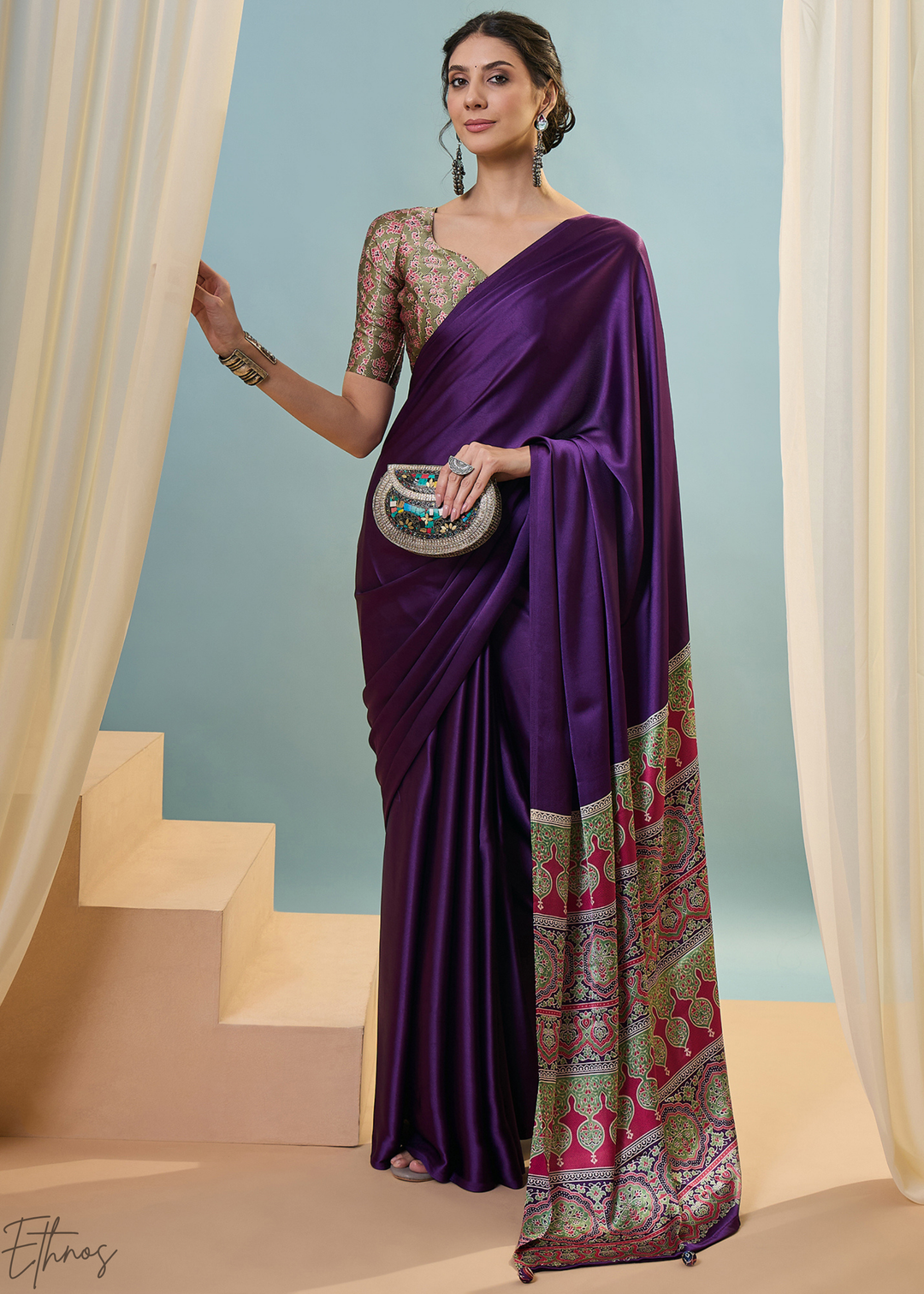 Amethyst Modal Silk Ajrakh Border Saree