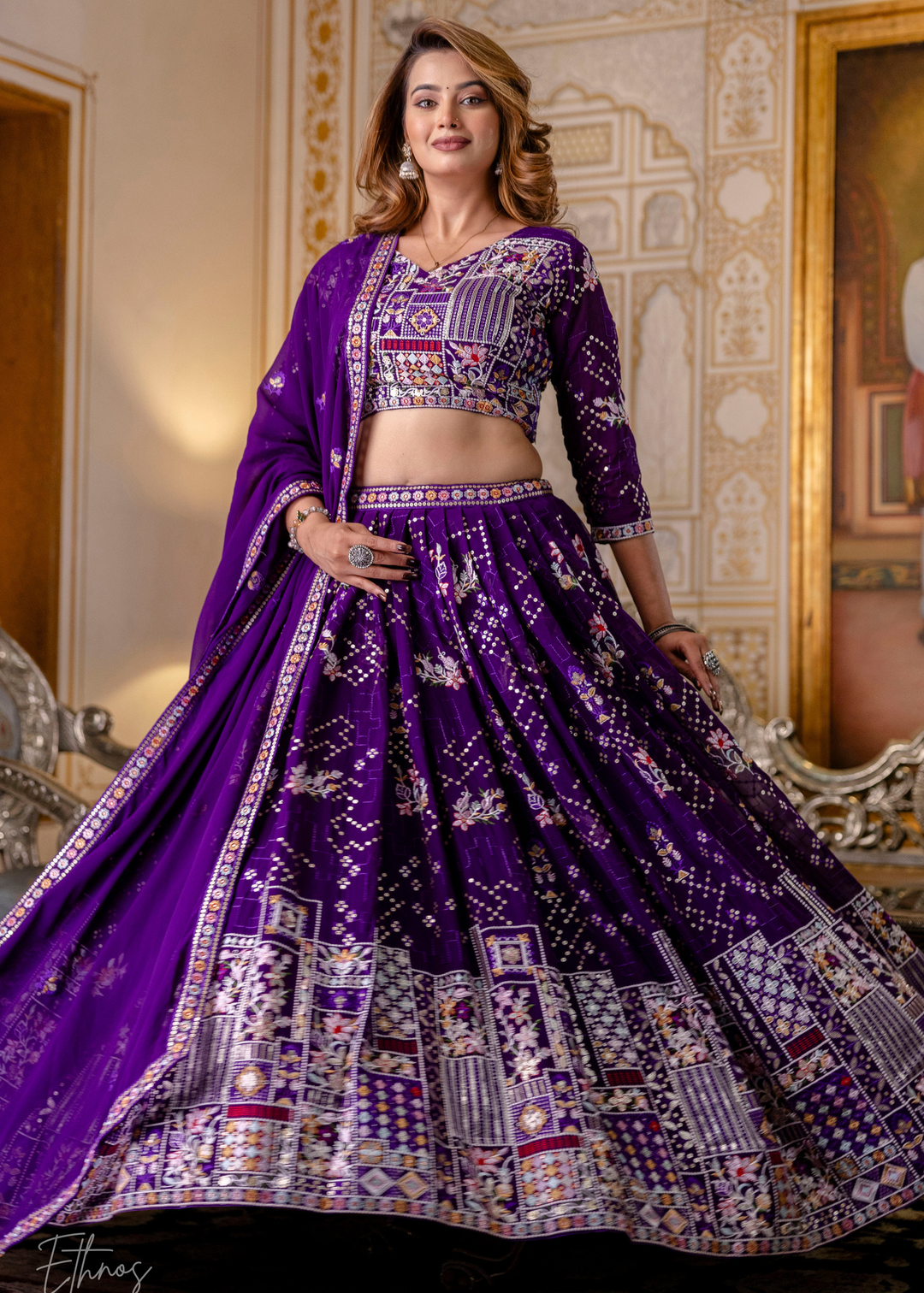 Amethyst Mosaic  Blooming Georgette Lehenga