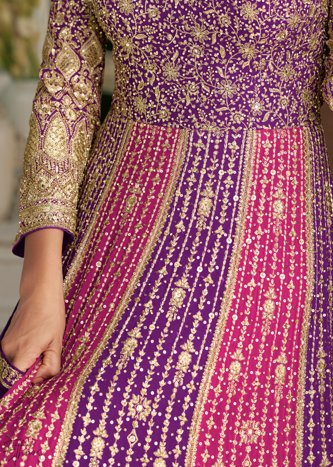 Amethyst Prism Aura Crystal-Encrusted Georgette Gown Set