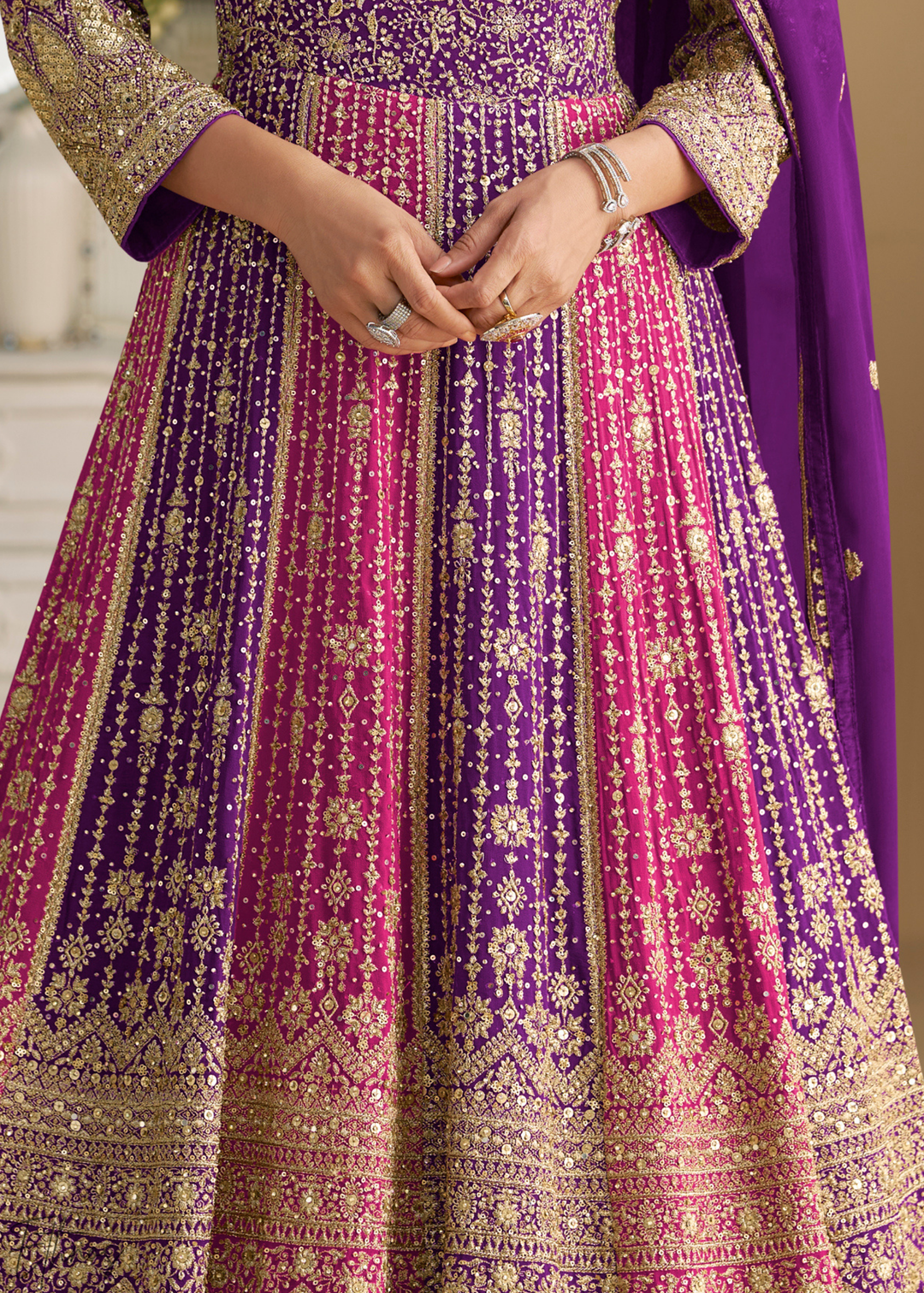 Amethyst Prism Aura Crystal-Encrusted Georgette Gown Set