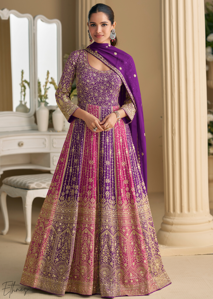 Amethyst Prism Aura Crystal-Encrusted Georgette Gown Set