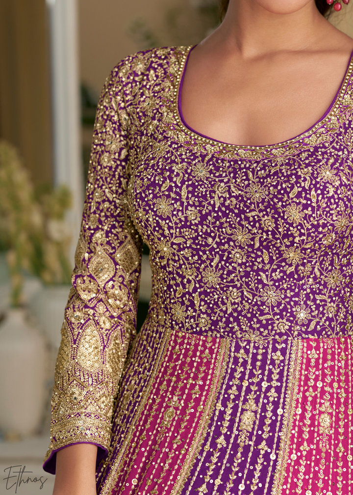 Amethyst Prism Aura Crystal-Encrusted Georgette Gown Set