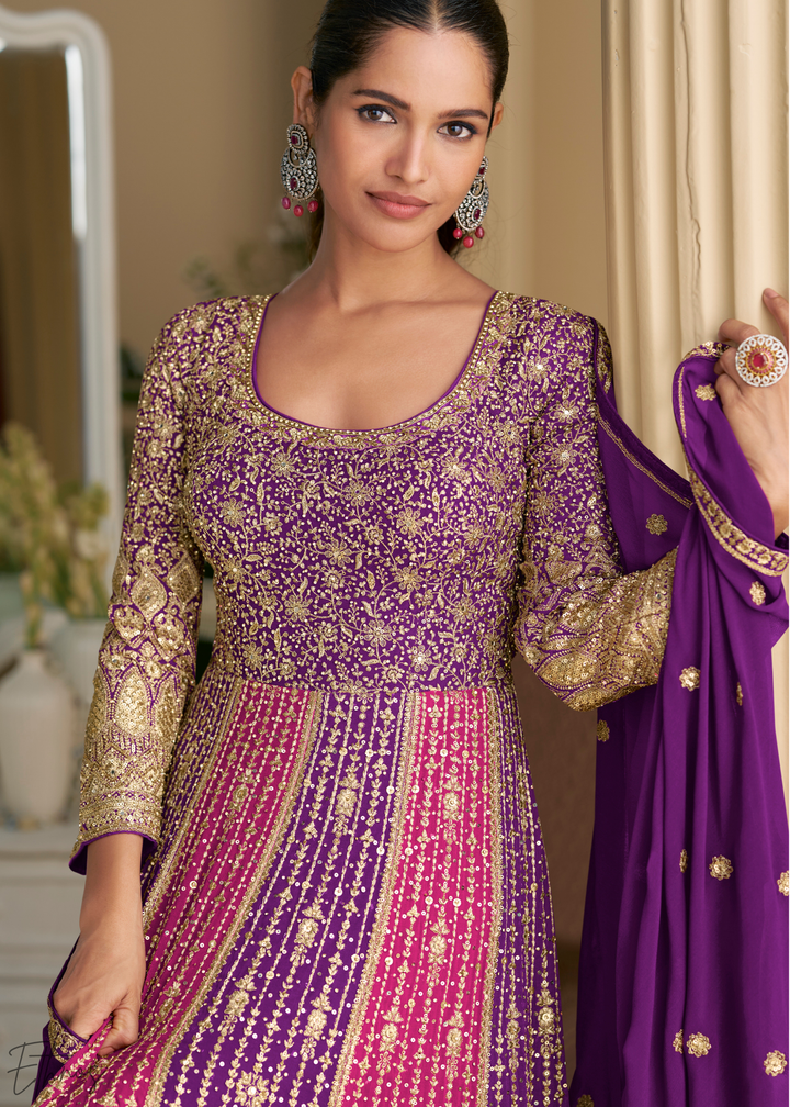 Amethyst Prism Aura Crystal-Encrusted Georgette Gown Set
