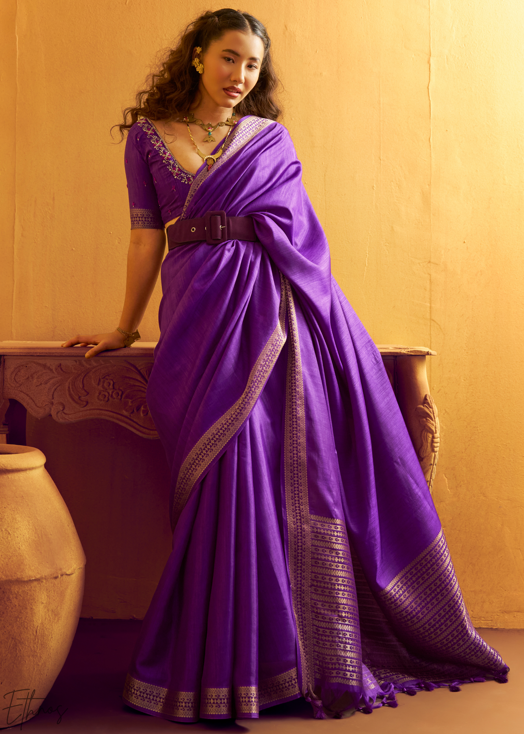 Amethyst Purple Traditional Zari Woven Tussar Silk Saree