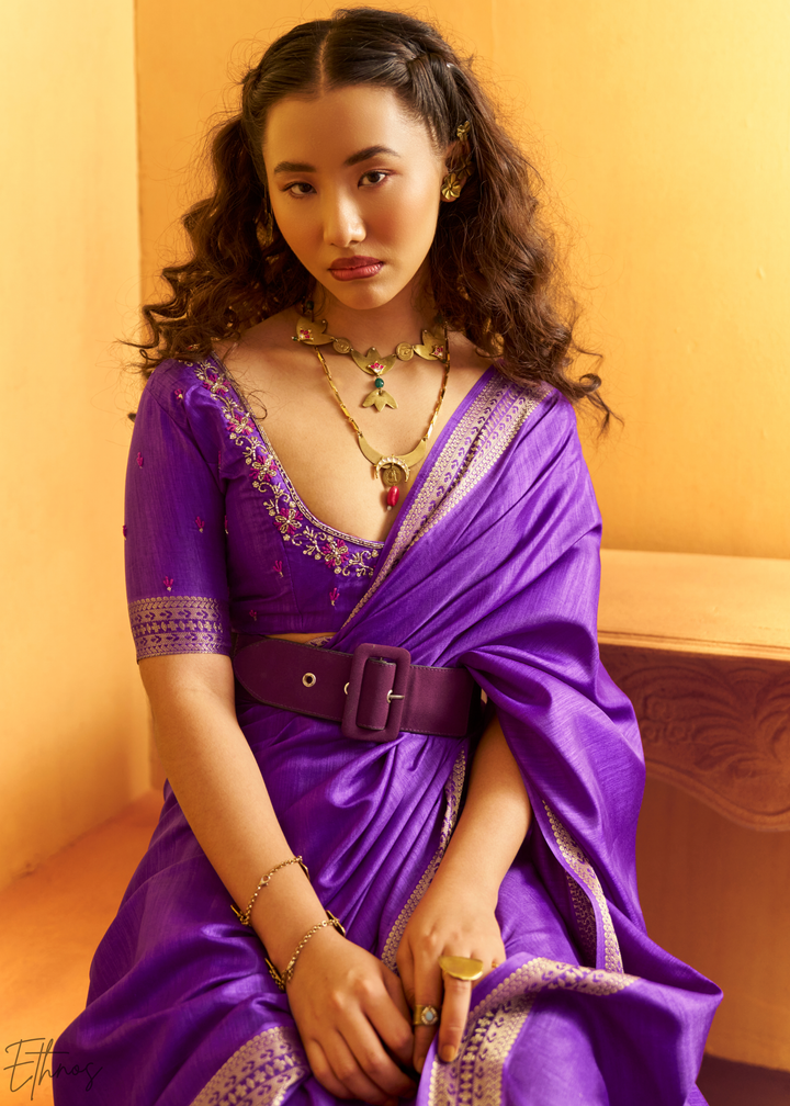 Amethyst Purple Traditional Zari Woven Tussar Silk Saree