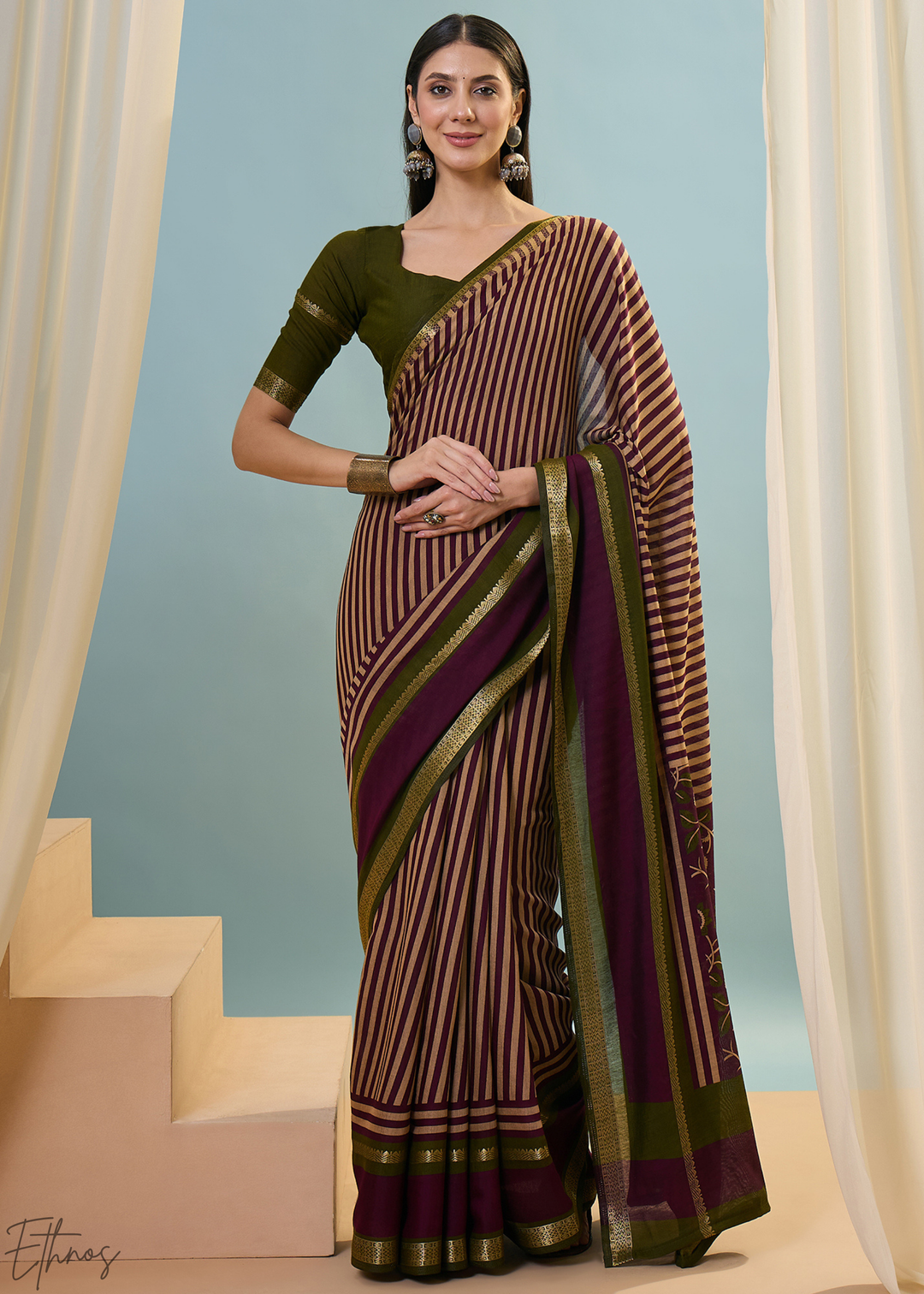Amethyst Striped Ajrakh PV Cotton Saree