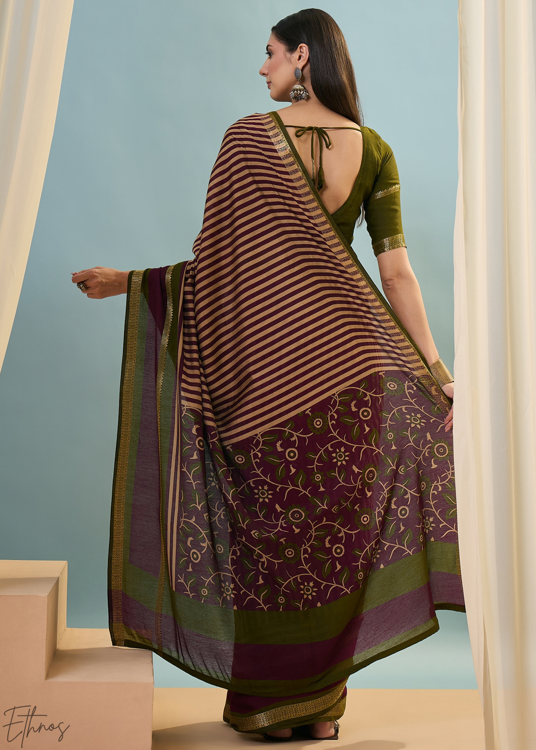 Amethyst Striped Ajrakh PV Cotton Saree