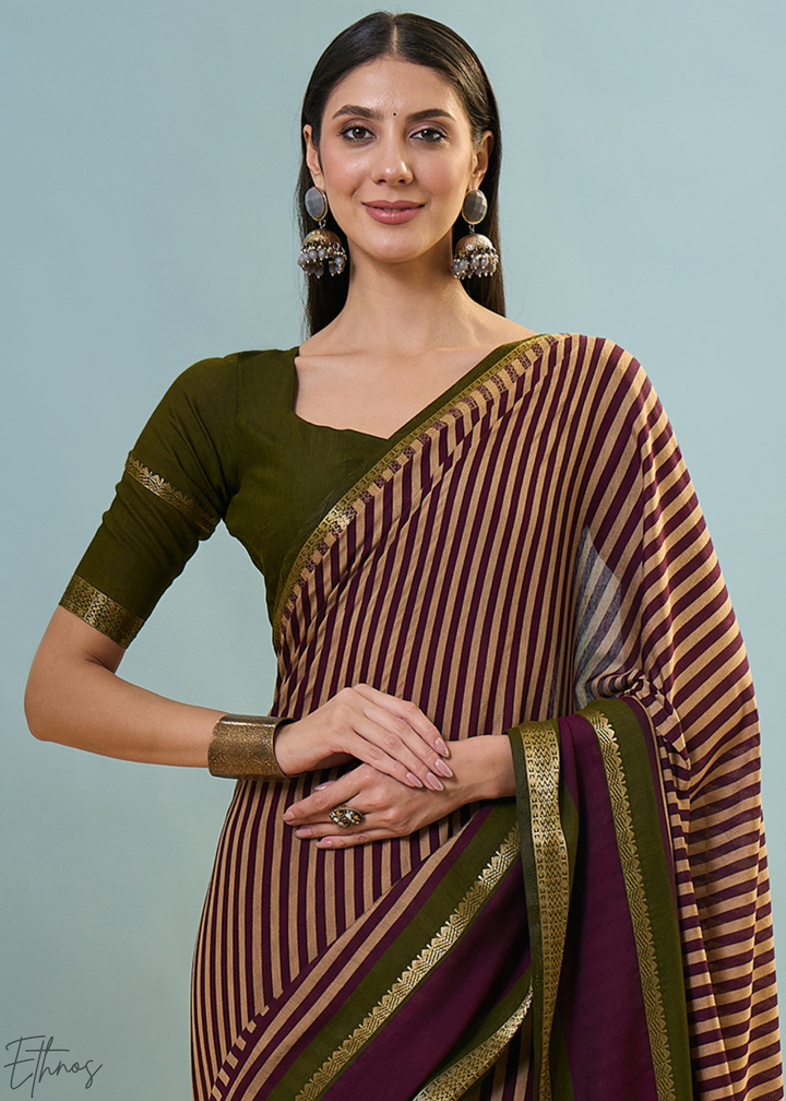 Amethyst Striped Ajrakh PV Cotton Saree