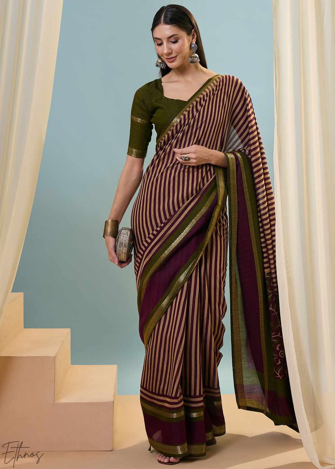 Amethyst Striped Ajrakh PV Cotton Saree