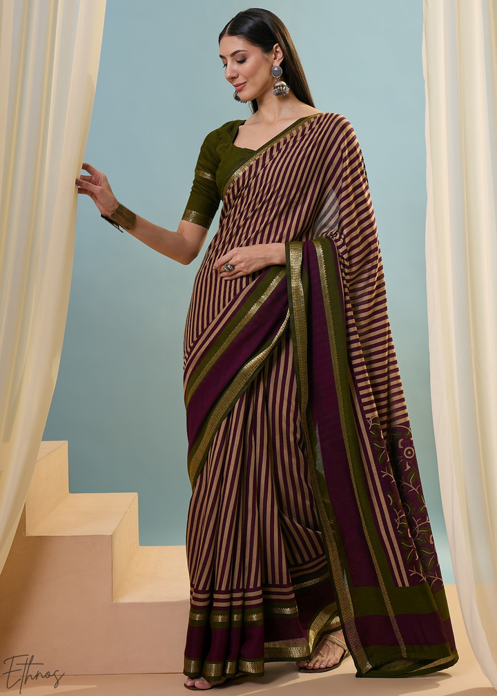 Amethyst Striped Ajrakh PV Cotton Saree