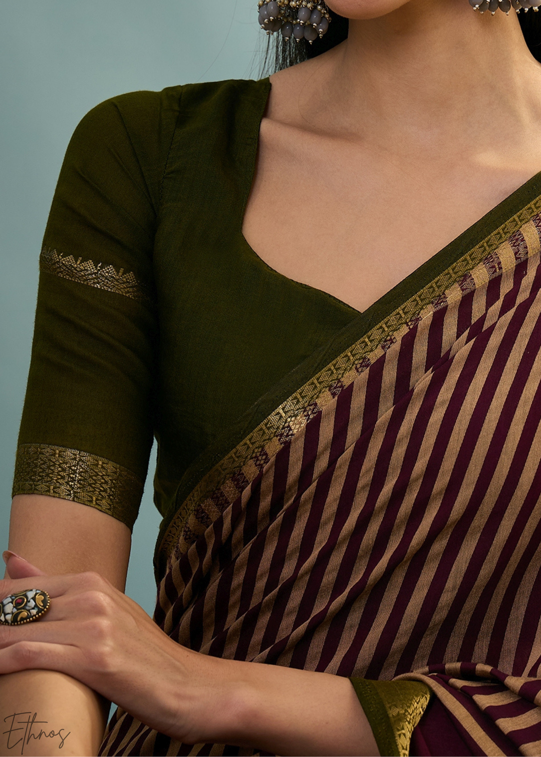 Amethyst Striped Ajrakh PV Cotton Saree