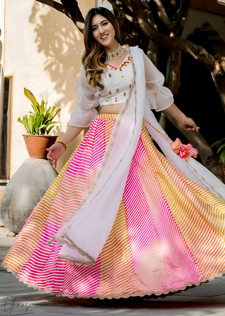 Summer Meadow Chevron Printed Silk Lehenga