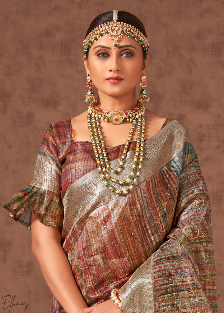 Antique Bronze Striped Metallic Jacquard Cotton Saree