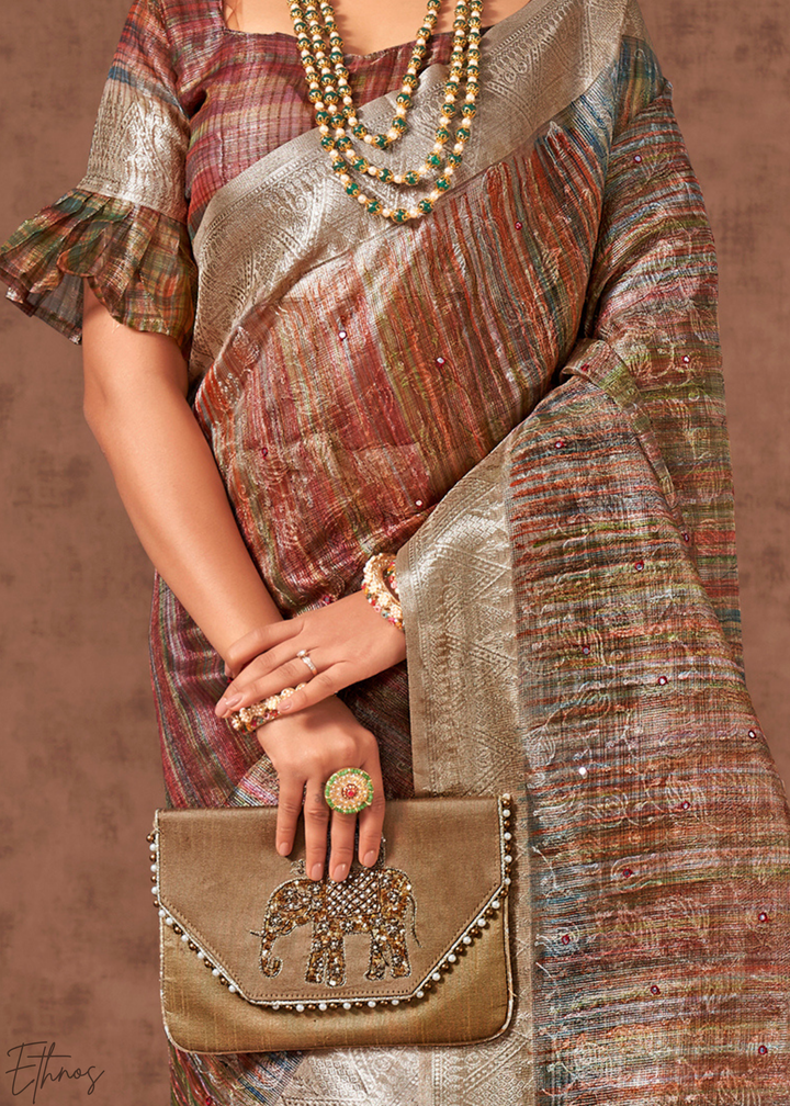 Antique Bronze Striped Metallic Jacquard Cotton Saree