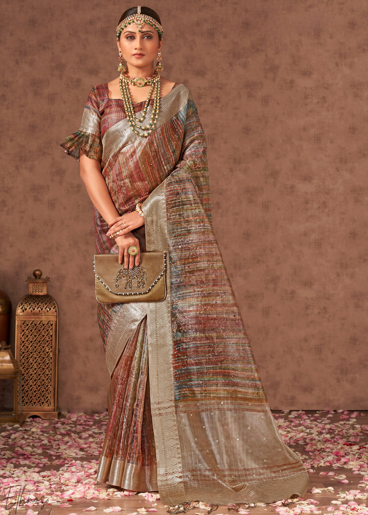 Antique Bronze Striped Metallic Jacquard Cotton Saree