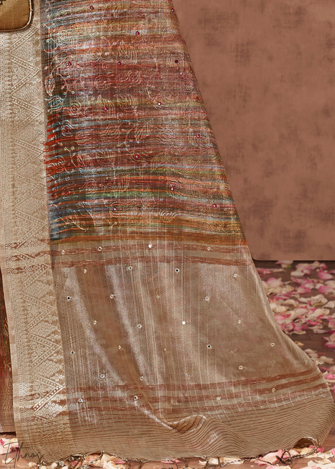 Antique Bronze Striped Metallic Jacquard Cotton Saree