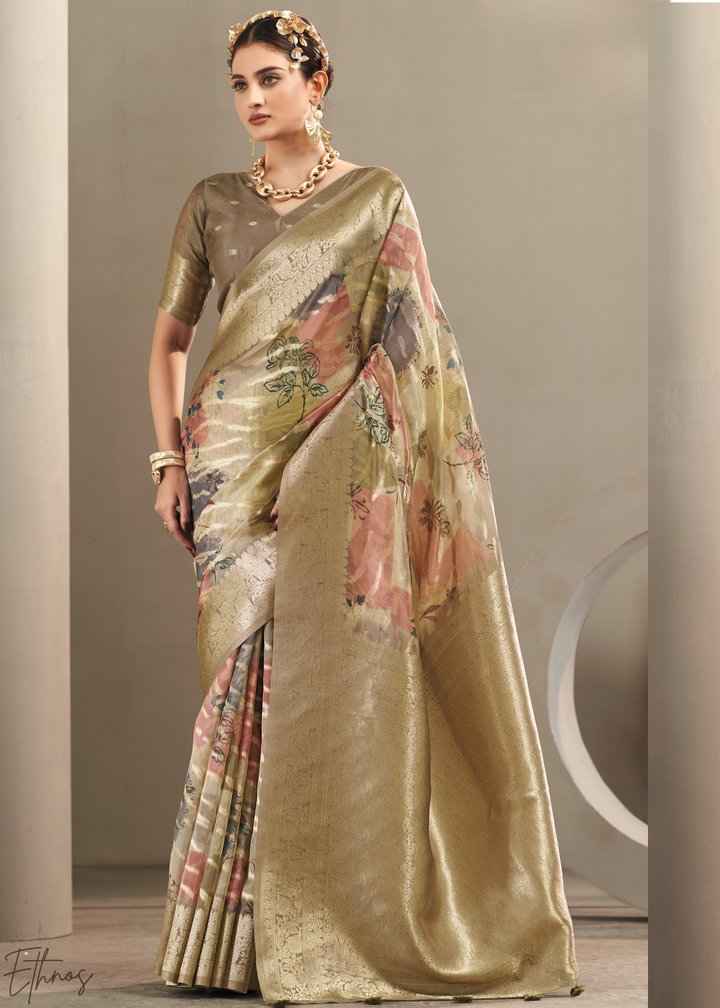 Antique Gold Abstract Digital Print Metallic Vellora Saree