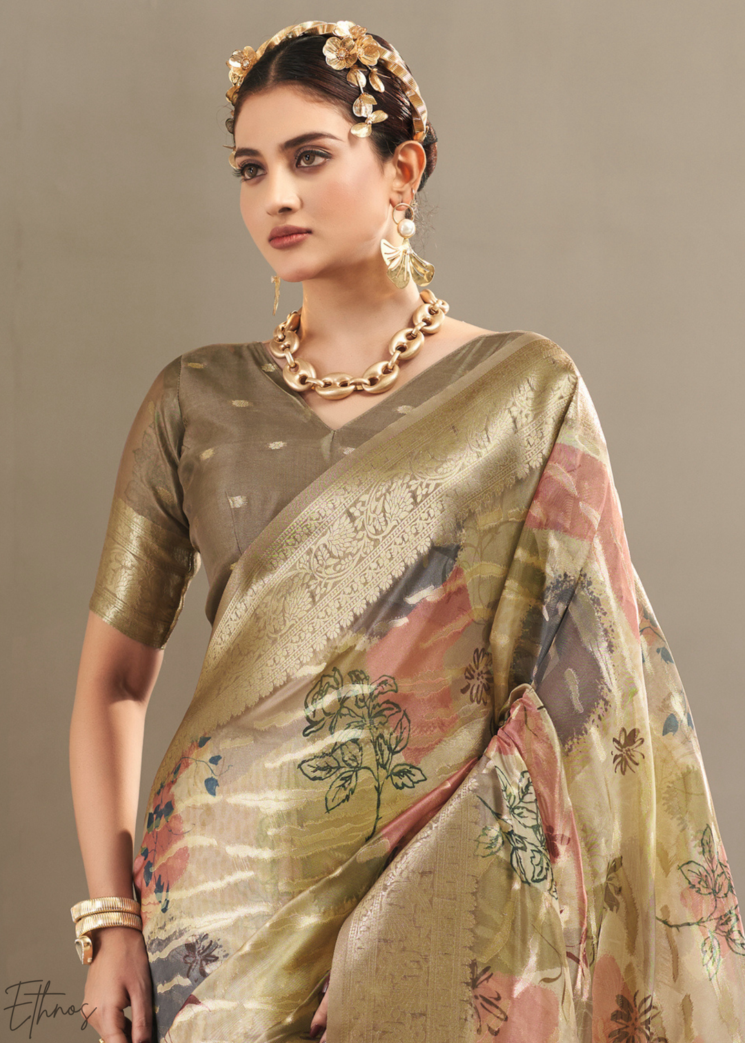 Antique Gold Abstract Digital Print Metallic Vellora Saree
