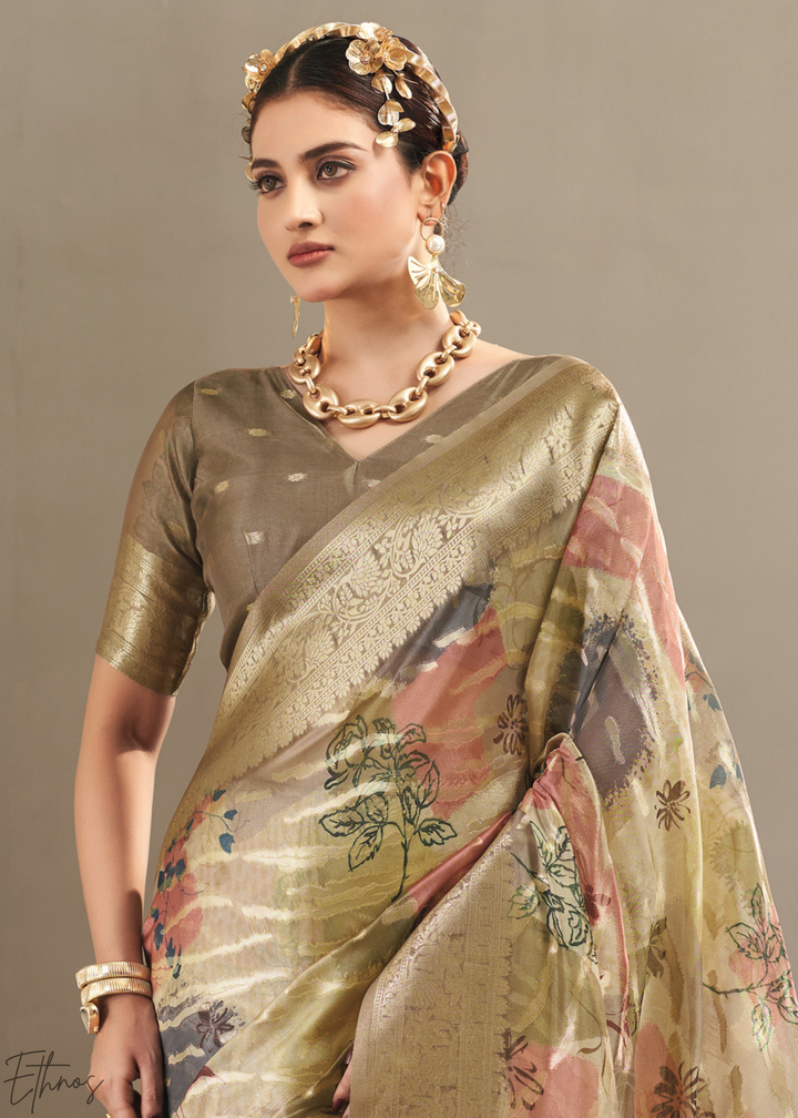 Antique Gold Abstract Digital Print Metallic Vellora Saree