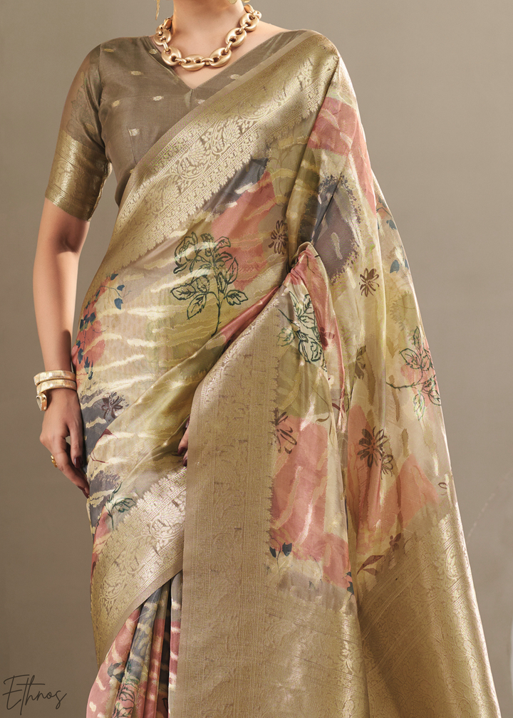 Antique Gold Abstract Digital Print Metallic Vellora Saree