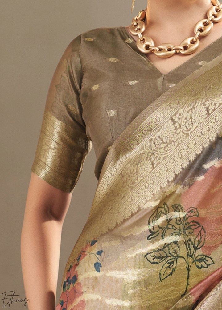 Antique Gold Abstract Digital Print Metallic Vellora Saree
