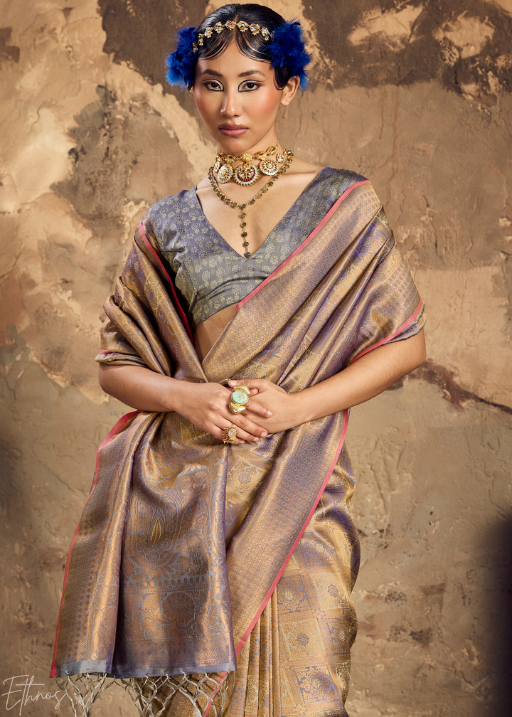 Antique Gold Traditional Brocade Silk Saree