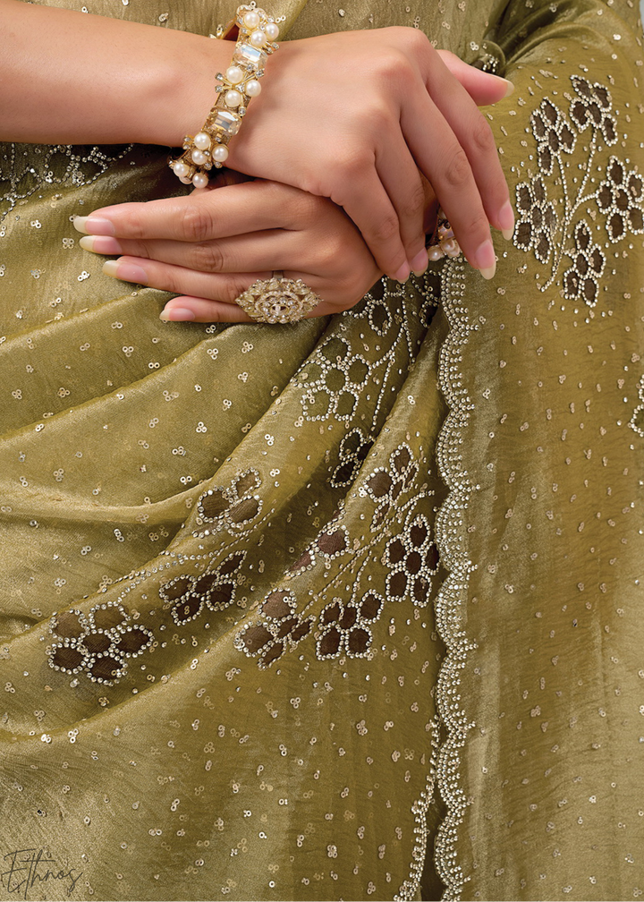 Antique Gold Crush Tissue Satin Silk Saree