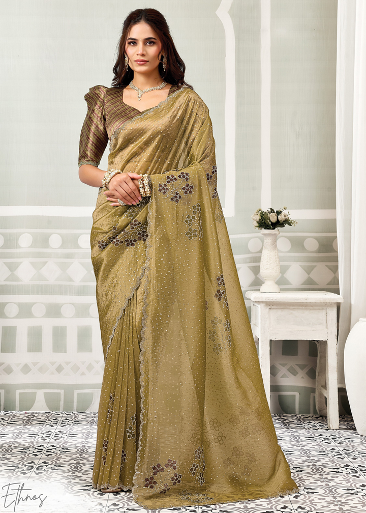 Antique Gold Crush Tissue Satin Silk Saree