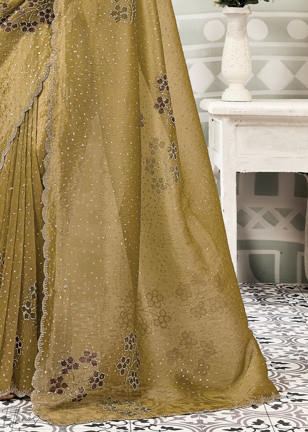 Antique Gold Crush Tissue Satin Silk Saree