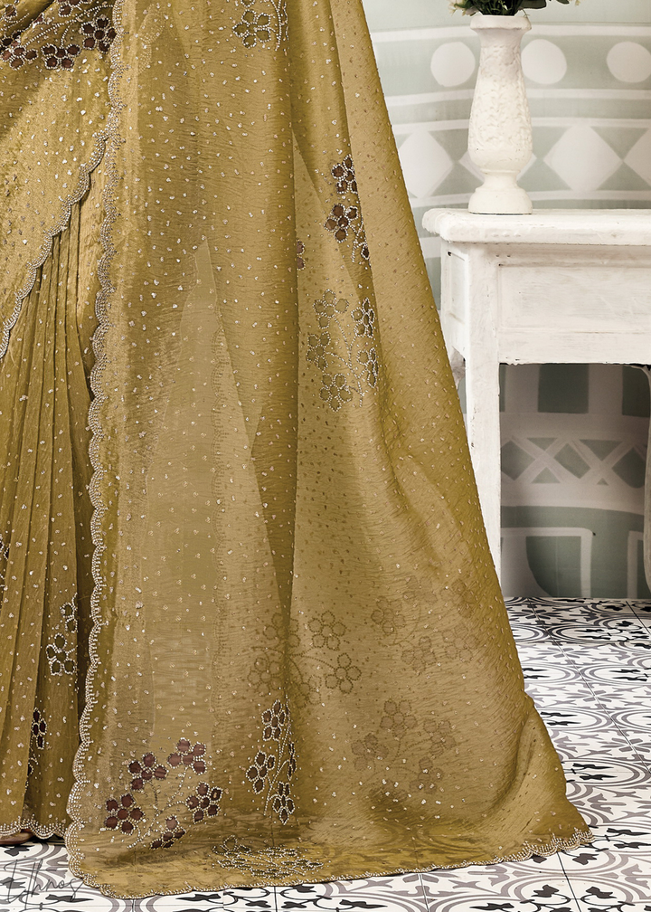Antique Gold Crush Tissue Satin Silk Saree
