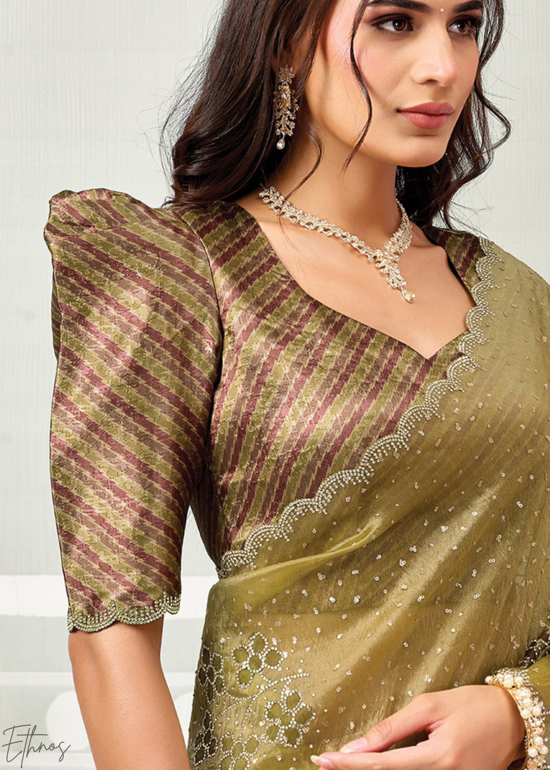 Antique Gold Crush Tissue Satin Silk Saree