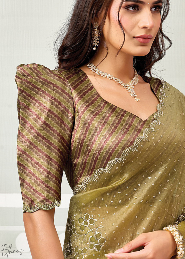 Antique Gold Crush Tissue Satin Silk Saree