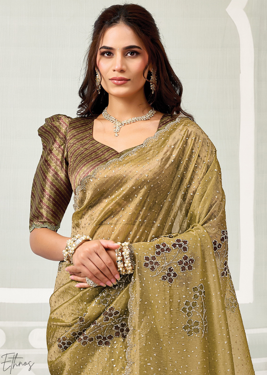 Antique Gold Crush Tissue Satin Silk Saree