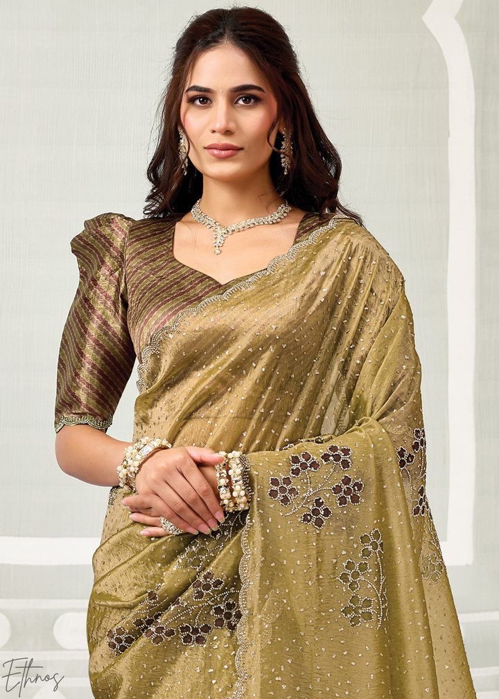 Antique Gold Crush Tissue Satin Silk Saree