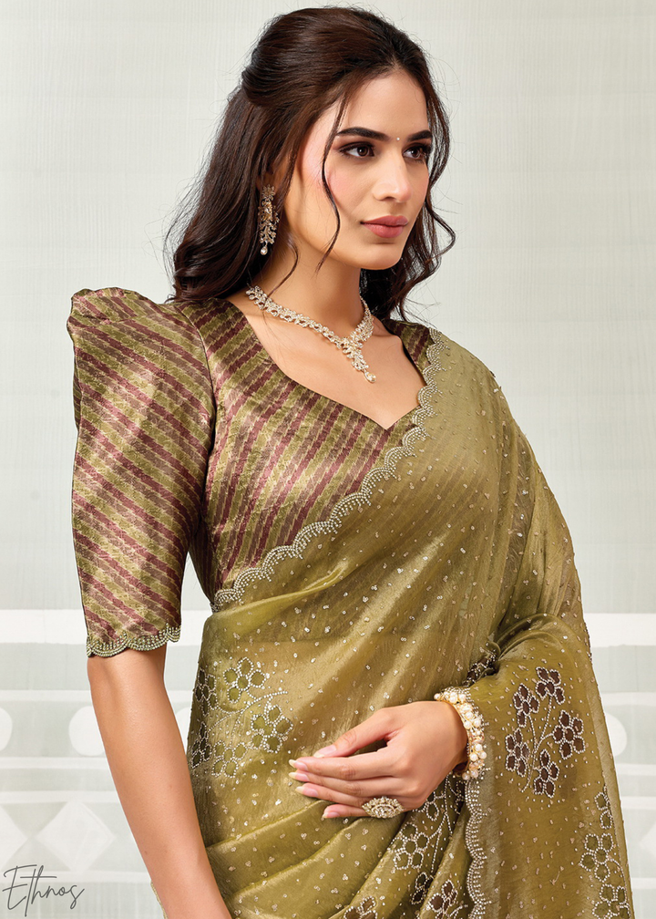 Antique Gold Crush Tissue Satin Silk Saree