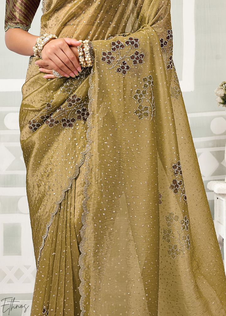 Antique Gold Crush Tissue Satin Silk Saree