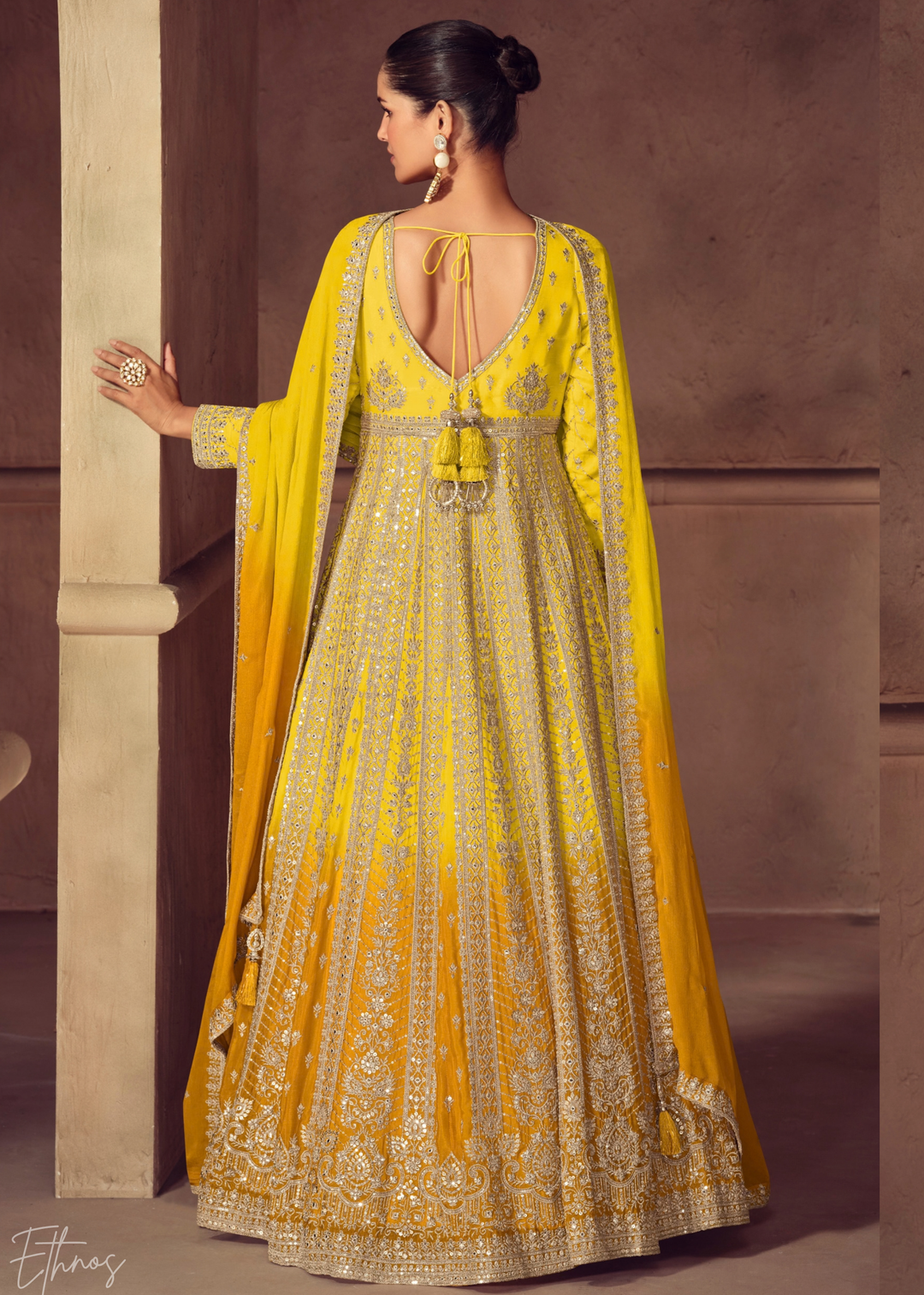 Antique Gold Yellow Floral-Embroidered Chinon Anarkali Gown Set